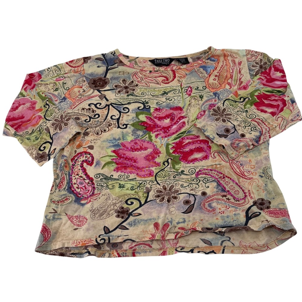 Take Two Clothing Co Floral Paisley Sequin Cotton Top Pink Tan Womens Medium